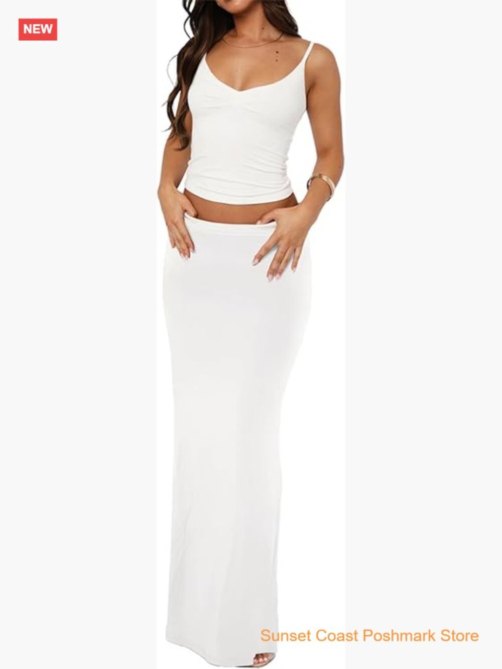 Y2K Sleeveless Spaghetti Strap Pleated Tank Top Maxi Skirt Set Two Piece Outfit